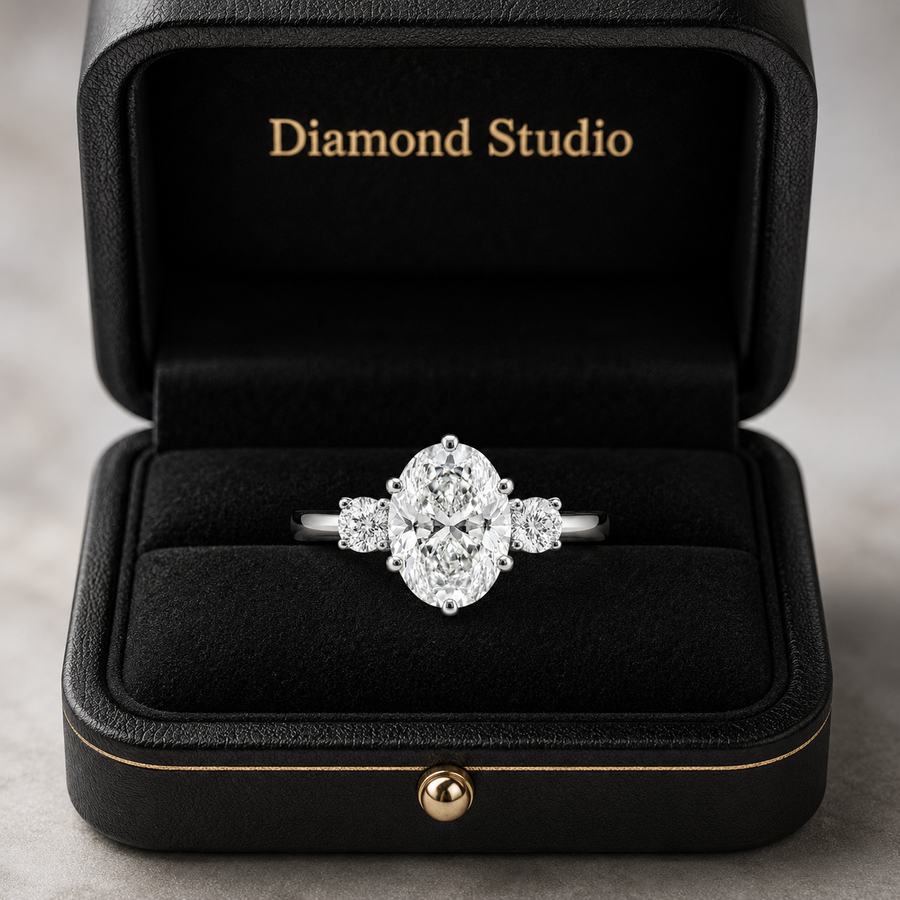 3.00 CT Oval Cut Lab-Grown Diamond Three-Stone Engagement Ring in 14K White Gold – Round Side Diamond Custom Design