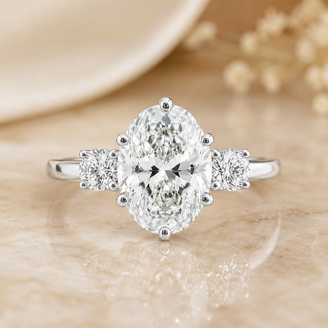 3.00 CT Oval Cut Lab-Grown Diamond Three-Stone Engagement Ring in 14K White Gold – Round Side Diamond Custom Design
