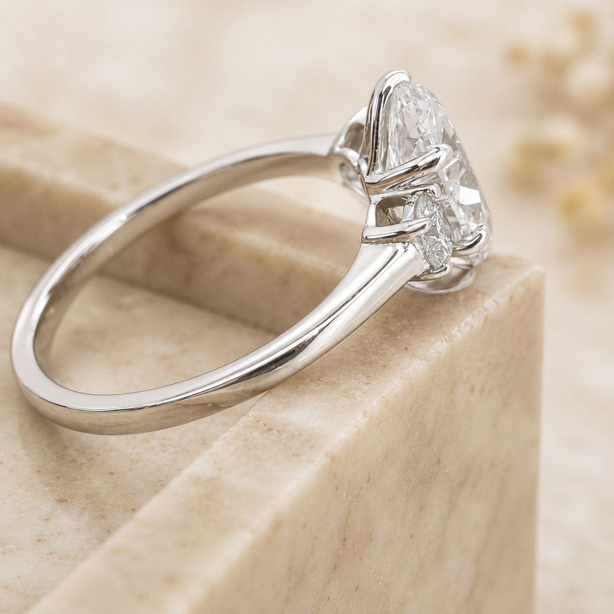 3.00 CT Oval Cut Lab-Grown Diamond Three-Stone Engagement Ring in 14K White Gold – Round Side Diamond Custom Design