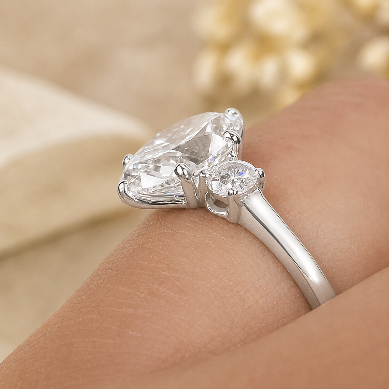 3.00 CT Oval Cut Lab-Grown Diamond Three-Stone Engagement Ring in 14K White Gold – Round Side Diamond Custom Design