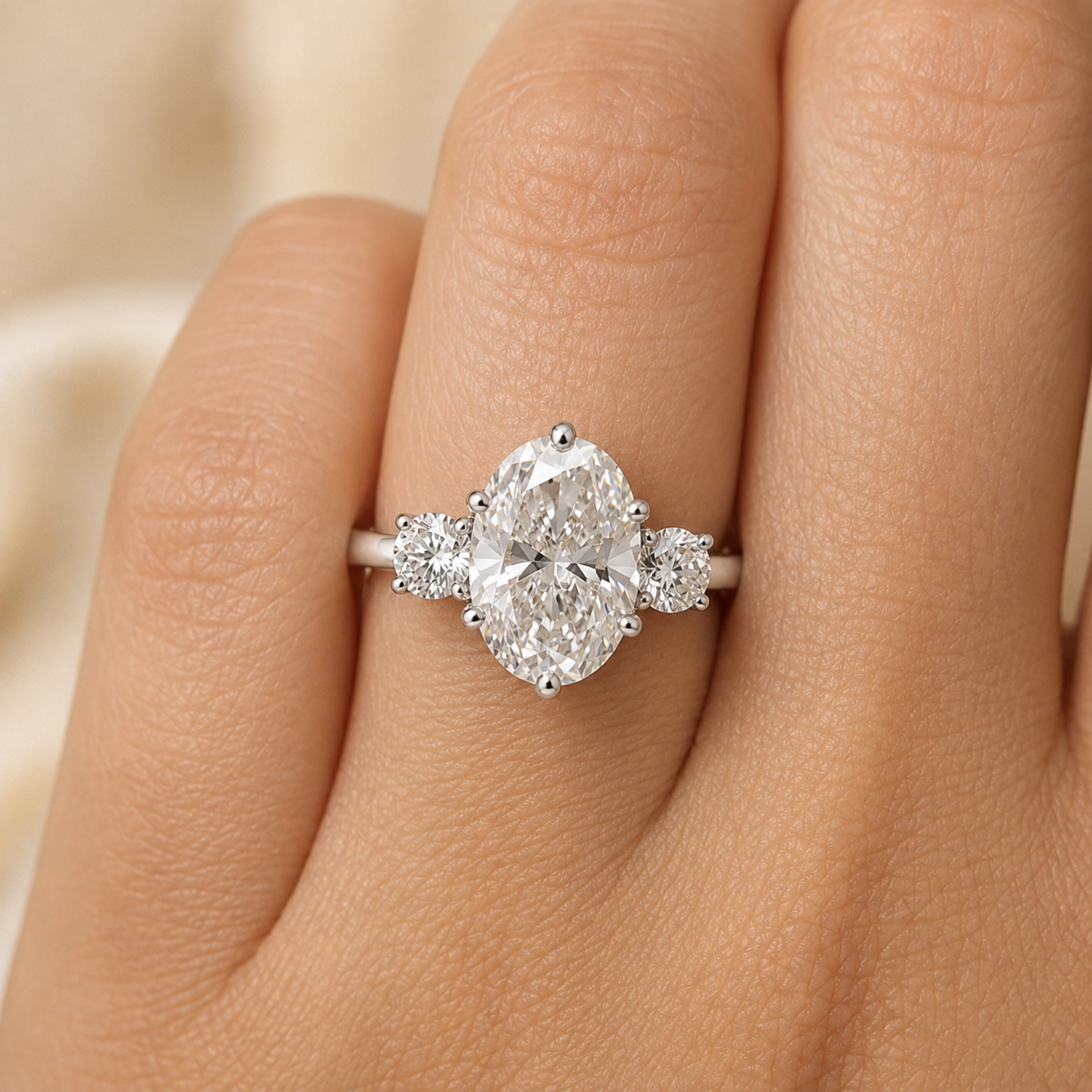 3.00 CT Oval Cut Lab-Grown Diamond Three-Stone Engagement Ring in 14K White Gold – Round Side Diamond Custom Design