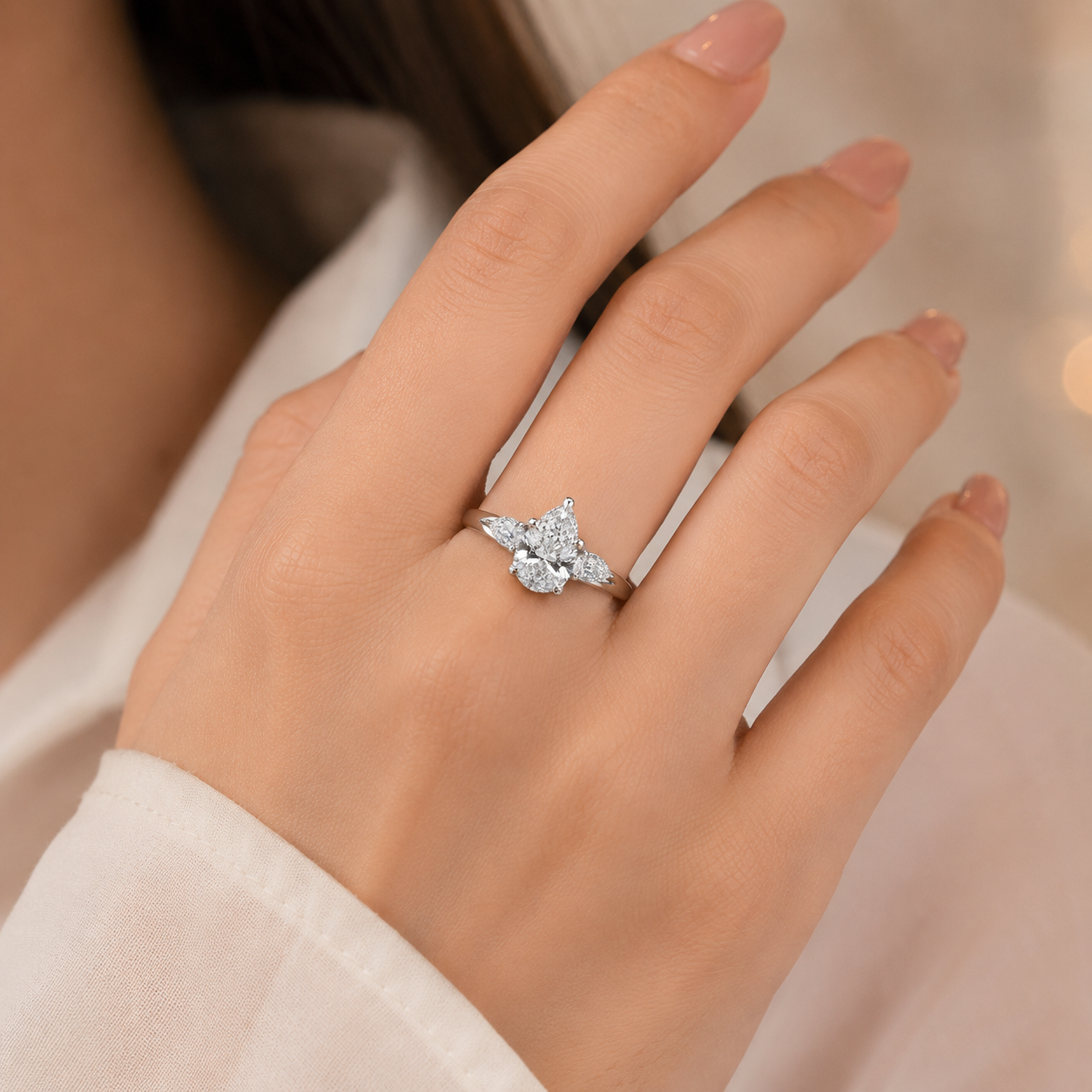 1.80 CT Pear Cut Lab-Grown Diamond Three-Stone Engagement Ring in 14K White Gold – Classic Trilogy Design