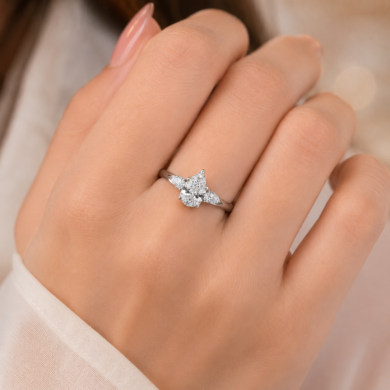 1.80 CT Pear Cut Lab-Grown Diamond Three-Stone Engagement Ring in 14K White Gold – Classic Trilogy Design