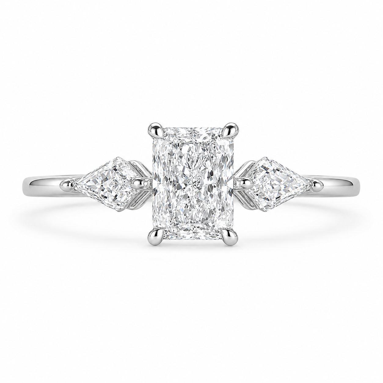 2.00 CT Radiant Cut Lab-Grown Diamond Three-Stone Engagement Ring in 14K White Gold – Kite Side Stone Design