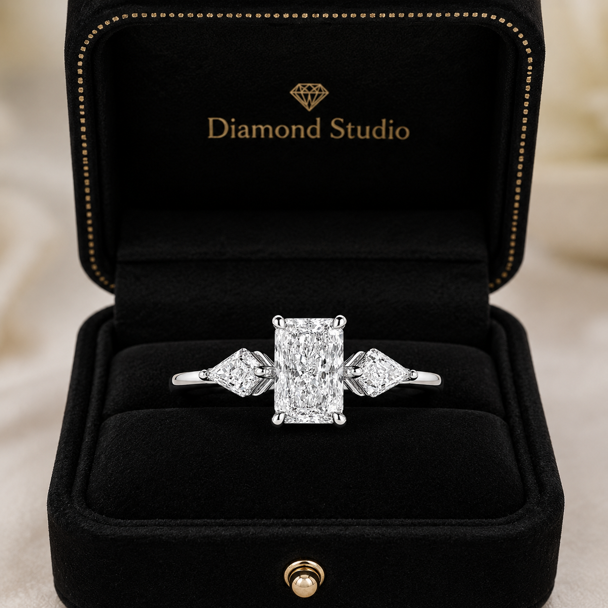 2.00 CT Radiant Cut Lab-Grown Diamond Three-Stone Engagement Ring in 14K White Gold – Kite Side Stone Design