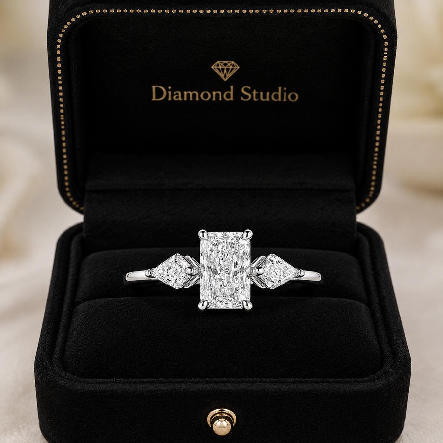 2.00 CT Radiant Cut Lab-Grown Diamond Three-Stone Engagement Ring in 14K White Gold – Kite Side Stone Design