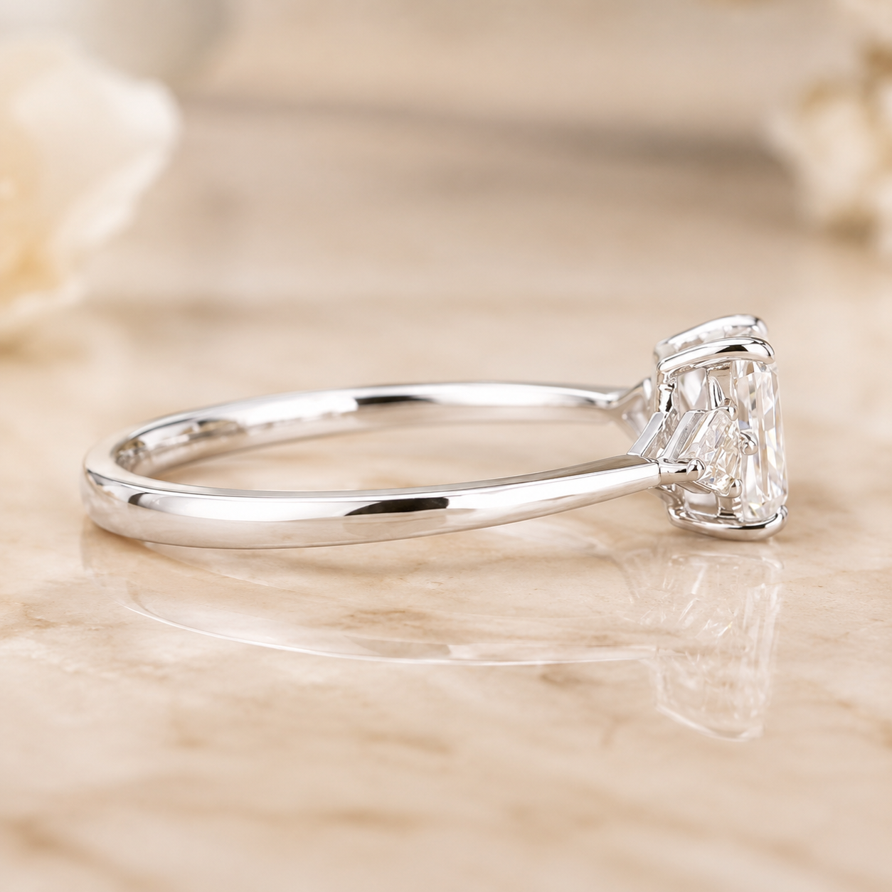 2.00 CT Radiant Cut Lab-Grown Diamond Three-Stone Engagement Ring in 14K White Gold – Kite Side Stone Design