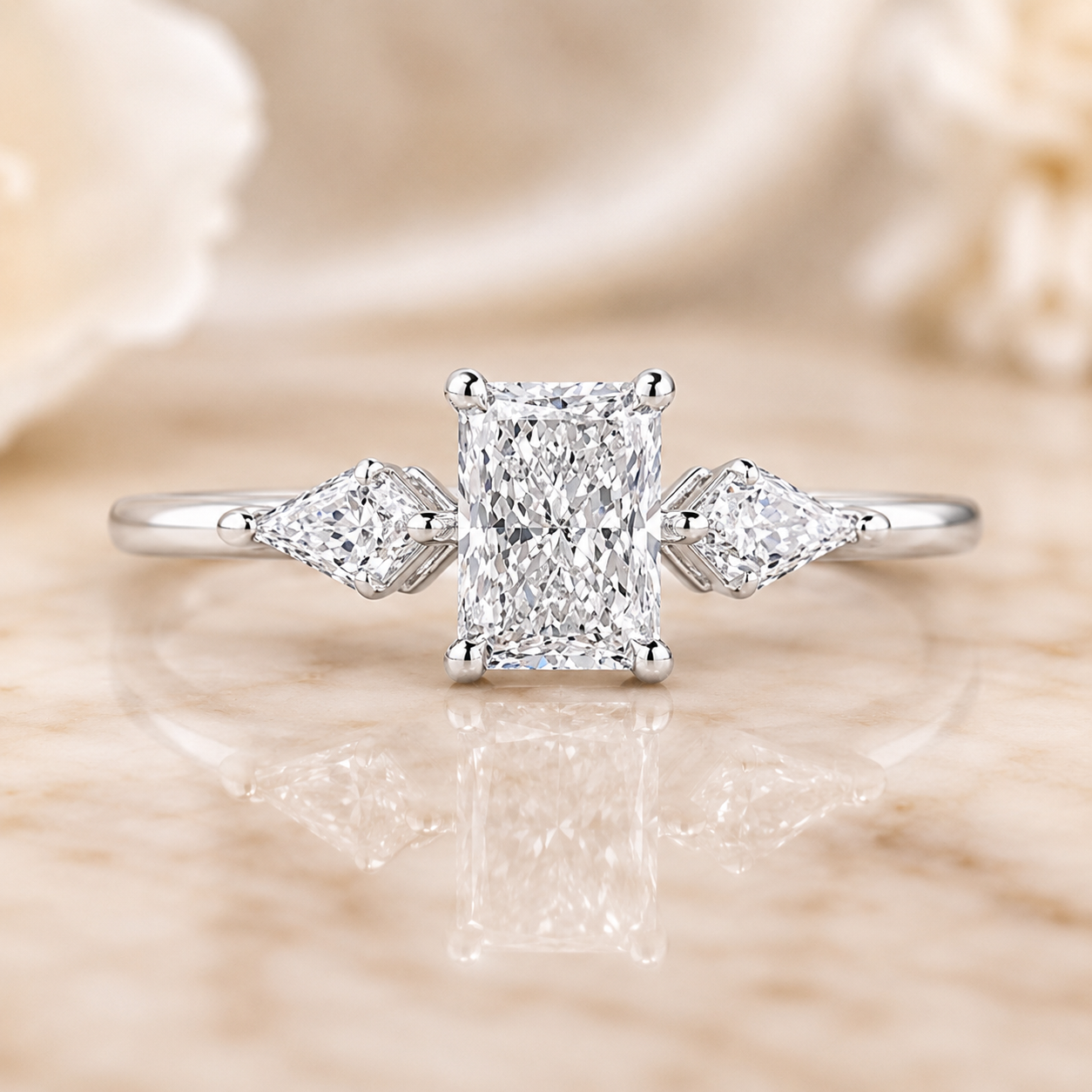 2.00 CT Radiant Cut Lab-Grown Diamond Three-Stone Engagement Ring in 14K White Gold – Kite Side Stone Design