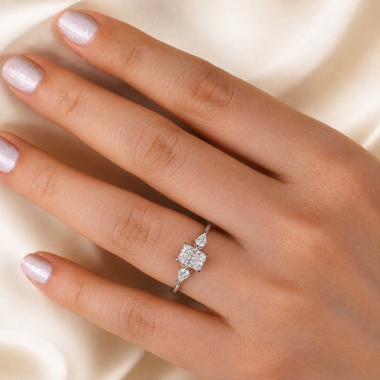 2.00 CT Radiant Cut Lab-Grown Diamond Three-Stone Engagement Ring in 14K White Gold – Kite Side Stone Design