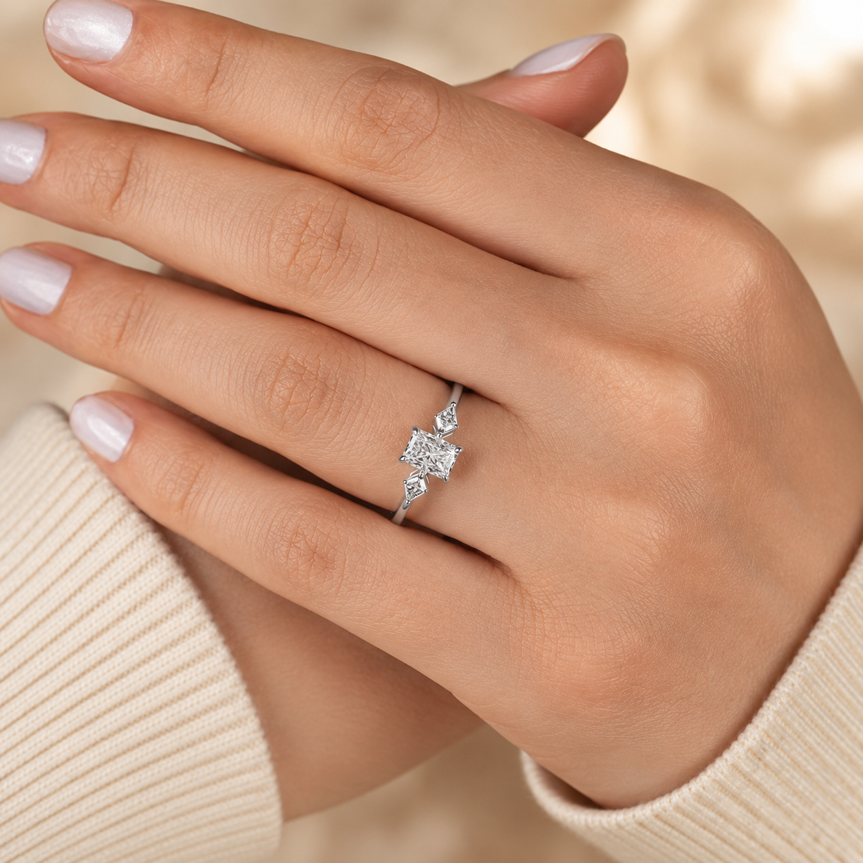 2.00 CT Radiant Cut Lab-Grown Diamond Three-Stone Engagement Ring in 14K White Gold – Kite Side Stone Design