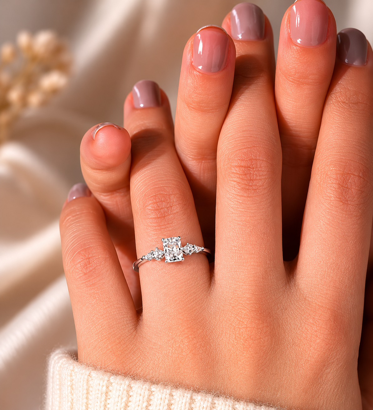 2.00 CT Radiant Cut Lab-Grown Diamond Three-Stone Engagement Ring in 14K White Gold – Kite Side Stone Design