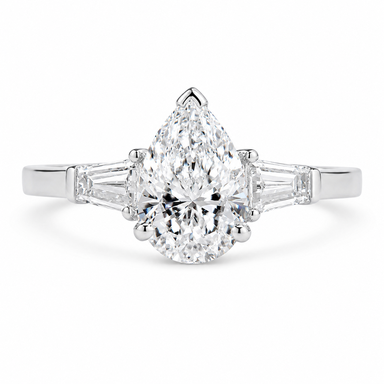 2.00 CT Pear Shaped Lab-Grown Diamond Three-Stone Engagement Ring in 14K White Gold – Tapered Baguette Design