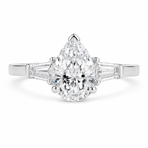 2.00 CT Pear Shaped Lab-Grown Diamond Three-Stone Engagement Ring in 14K White Gold – Tapered Baguette Design