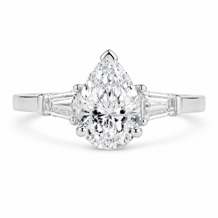 2.00 CT Pear Shaped Lab-Grown Diamond Three-Stone Engagement Ring in 14K White Gold â€“ Tapered Baguette Design from Diamond Studio