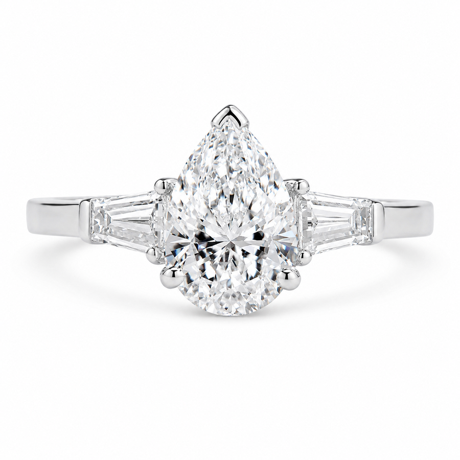 2.00 CT Pear Shaped Lab-Grown Diamond Three-Stone Engagement Ring in 14K White Gold – Tapered Baguette Design