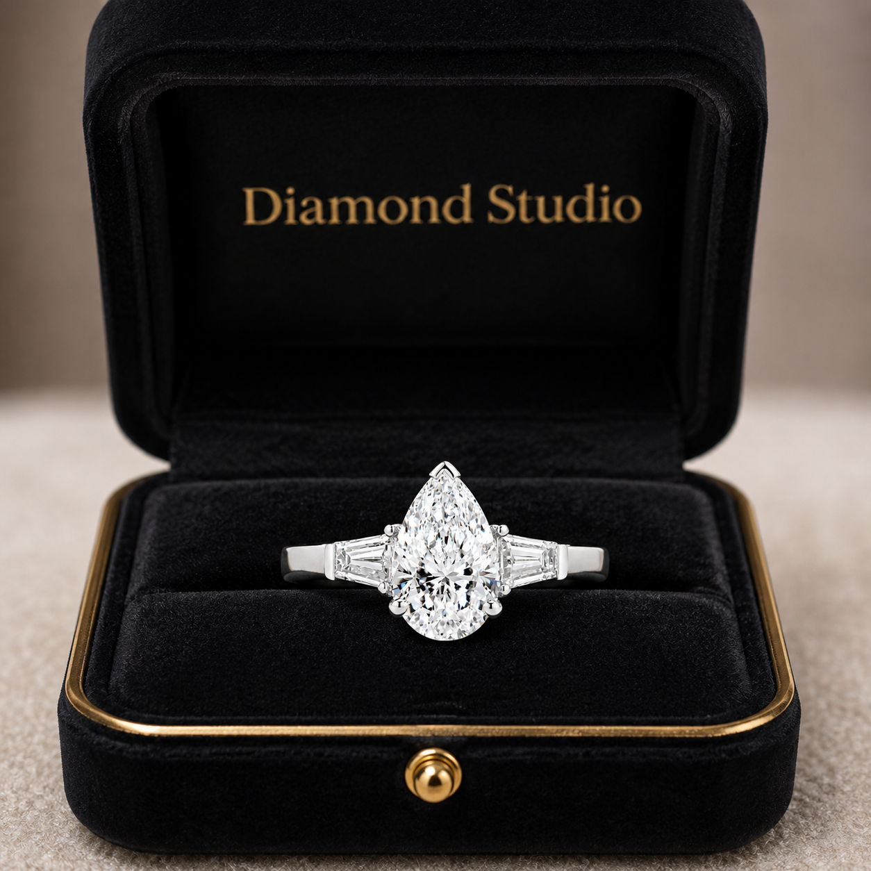 2.00 CT Pear Shaped Lab-Grown Diamond Three-Stone Engagement Ring in 14K White Gold – Tapered Baguette Design