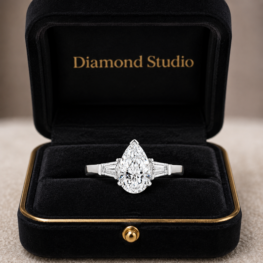 2.00 CT Pear Shaped Lab-Grown Diamond Three-Stone Engagement Ring in 14K White Gold – Tapered Baguette Design