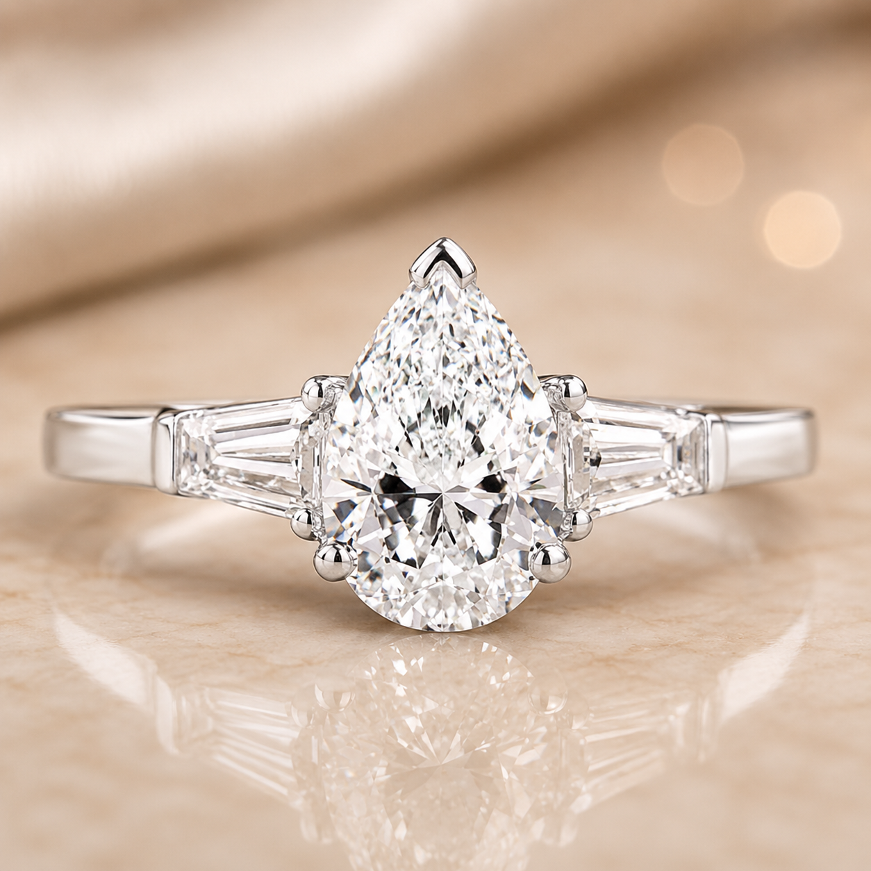 2.00 CT Pear Shaped Lab-Grown Diamond Three-Stone Engagement Ring in 14K White Gold – Tapered Baguette Design