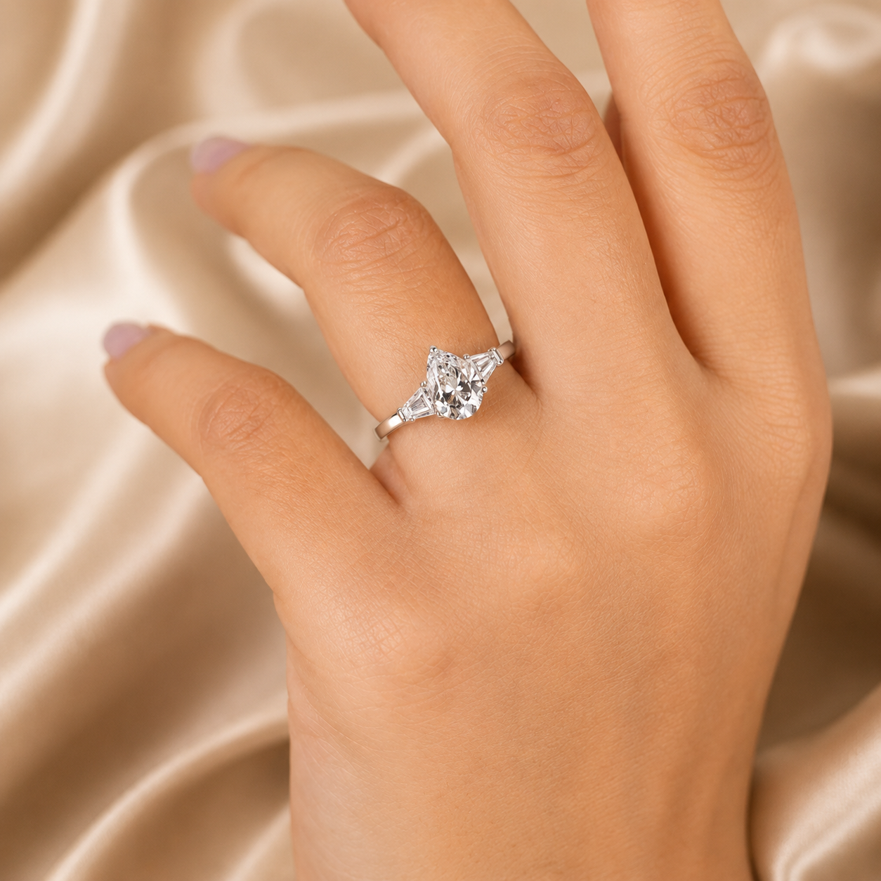 2.00 CT Pear Shaped Lab-Grown Diamond Three-Stone Engagement Ring in 14K White Gold – Tapered Baguette Design