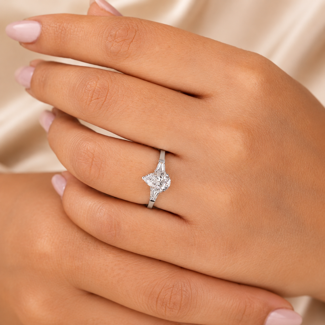 2.00 CT Pear Shaped Lab-Grown Diamond Three-Stone Engagement Ring in 14K White Gold – Tapered Baguette Design