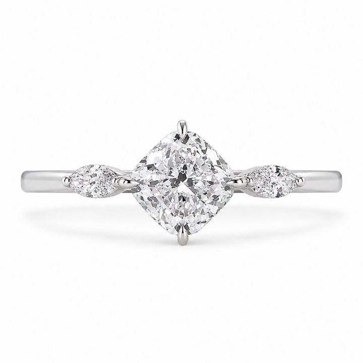 3.00 CT Cushion Cut Lab-Grown Diamond Three-Stone Engagement Ring in 14K White Gold â€“ Classic Trilogy Wedding Design from Diamond Studio