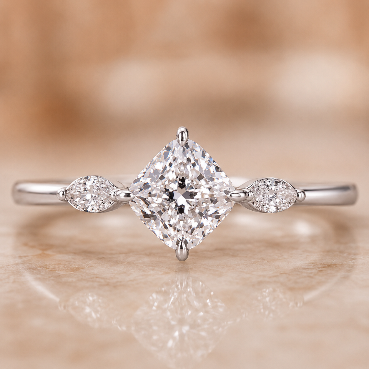 3.00 CT Cushion Cut Lab-Grown Diamond Three-Stone Engagement Ring in 14K White Gold – Classic Trilogy Wedding Design