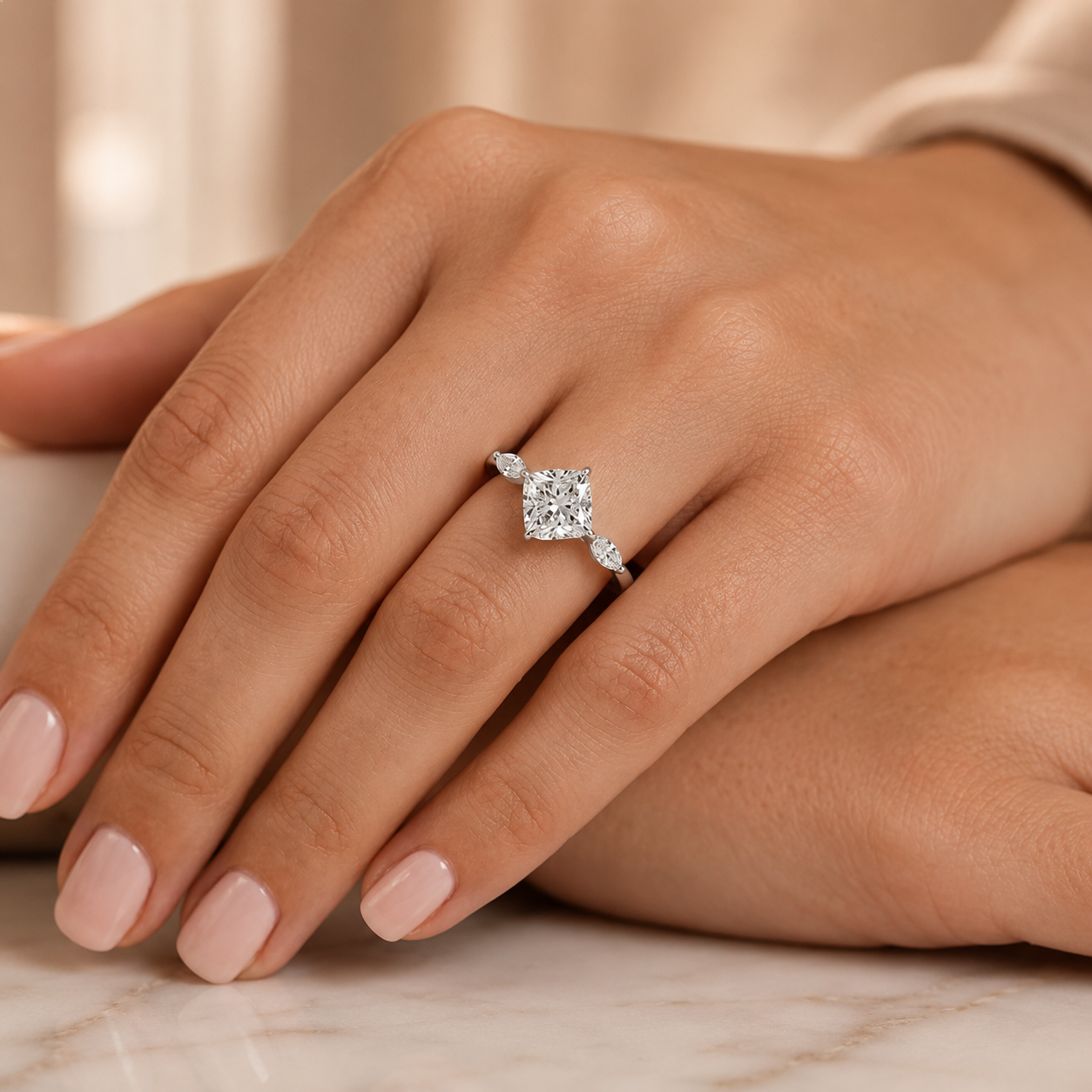 3.00 CT Cushion Cut Lab-Grown Diamond Three-Stone Engagement Ring in 14K White Gold – Classic Trilogy Wedding Design