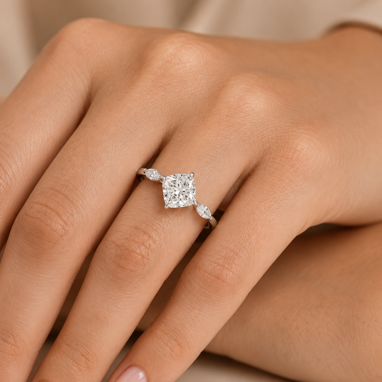 3.00 CT Cushion Cut Lab-Grown Diamond Three-Stone Engagement Ring in 14K White Gold – Classic Trilogy Wedding Design