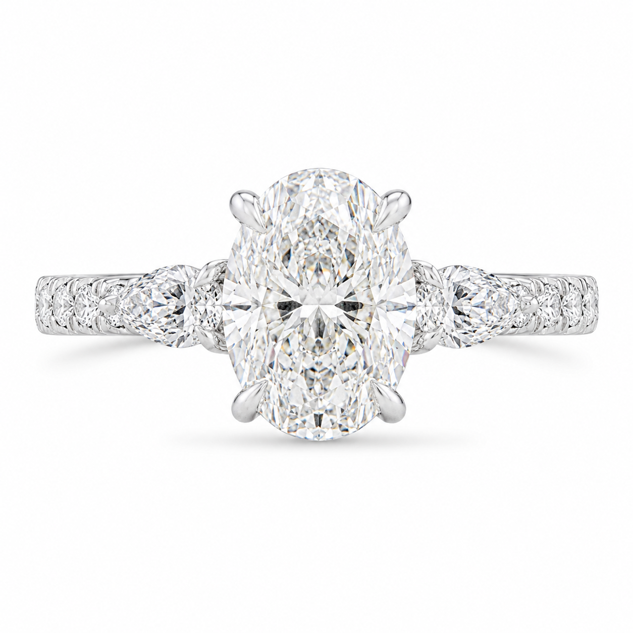 3.00 CT Oval Lab-Grown Diamond Three-Stone Engagement Ring in 14K White Gold – Pear Side Stone Pavé Trilogy Design