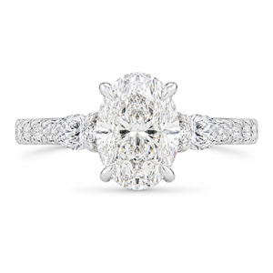 3.00 CT Oval Lab-Grown Diamond Three-Stone Engagement Ring in 14K White Gold – Pear Side Stone Pavé Trilogy Design