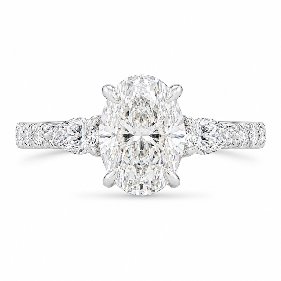 3.00 CT Oval Lab-Grown Diamond Three-Stone Engagement Ring in 14K White Gold – Pear Side Stone Pavé Trilogy Design