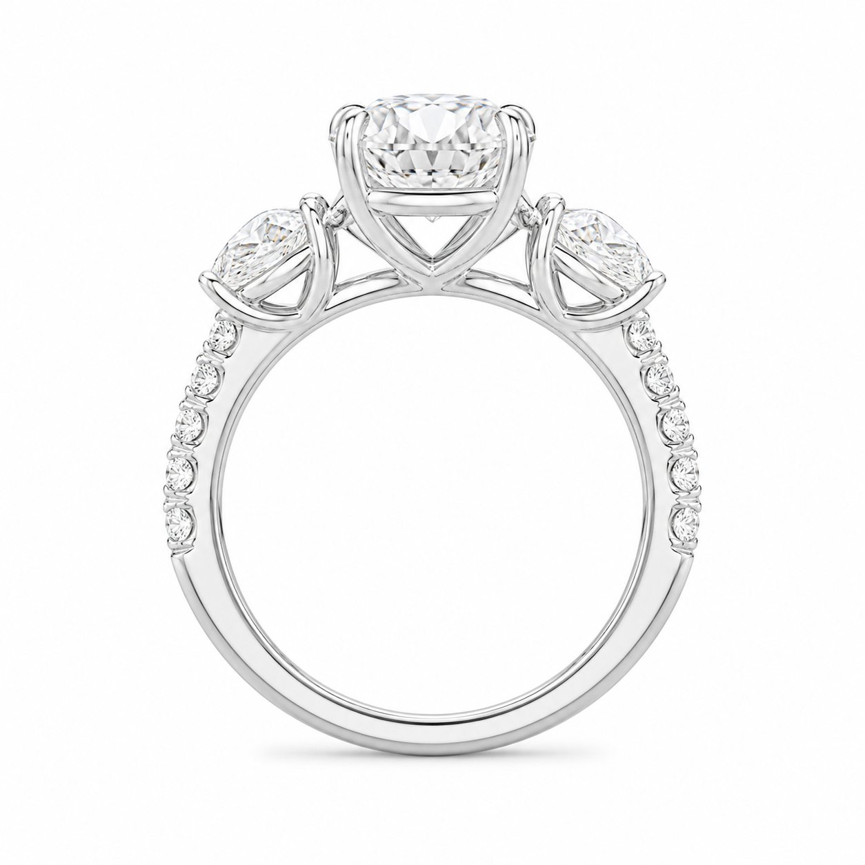 3.00 CT Oval Lab-Grown Diamond Three-Stone Engagement Ring in 14K White Gold – Pear Side Stone Pavé Trilogy Design