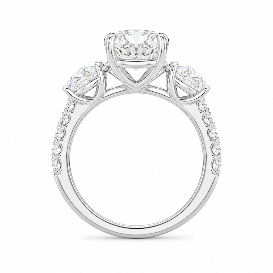 3.00 CT Oval Lab-Grown Diamond Three-Stone Engagement Ring in 14K White Gold – Pear Side Stone Pavé Trilogy Design