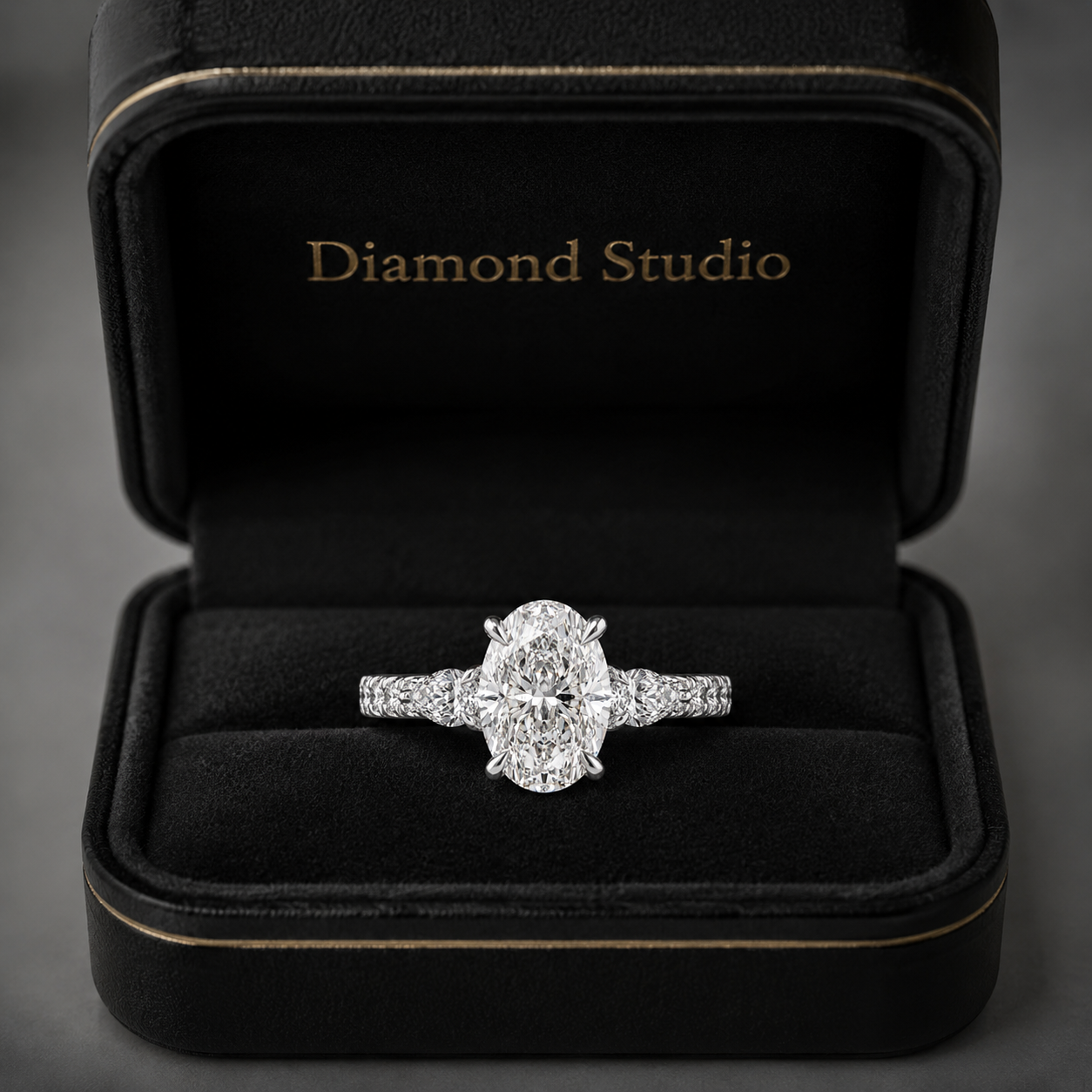 3.00 CT Oval Lab-Grown Diamond Three-Stone Engagement Ring in 14K White Gold – Pear Side Stone Pavé Trilogy Design