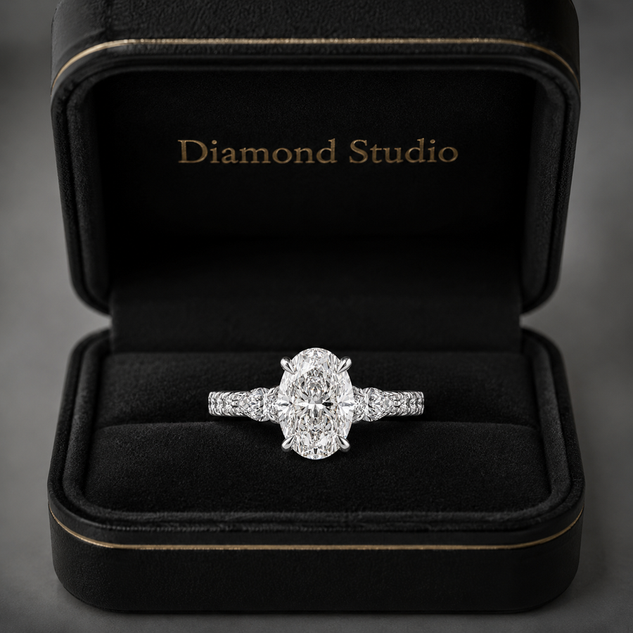3.00 CT Oval Lab-Grown Diamond Three-Stone Engagement Ring in 14K White Gold – Pear Side Stone Pavé Trilogy Design