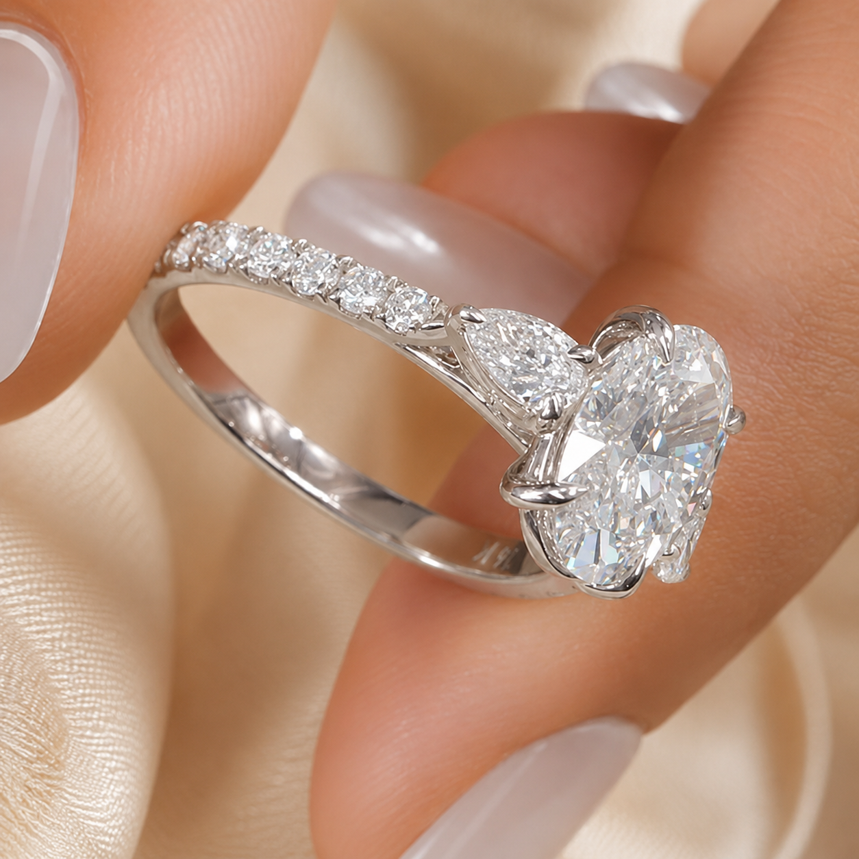3.00 CT Oval Lab-Grown Diamond Three-Stone Engagement Ring in 14K White Gold – Pear Side Stone Pavé Trilogy Design