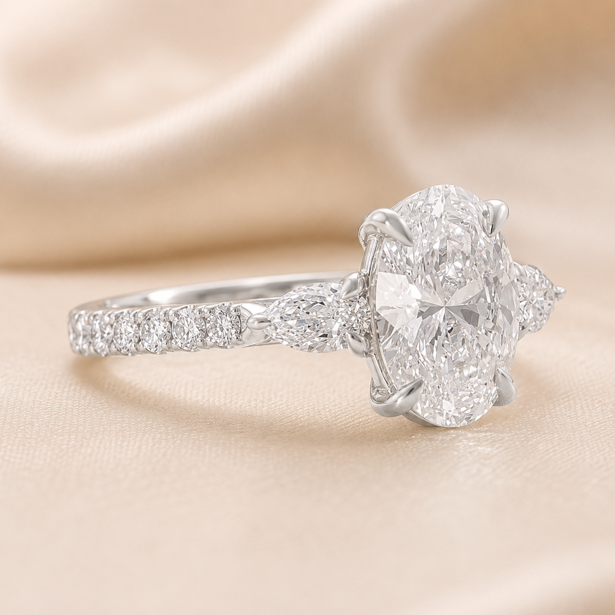 3.00 CT Oval Lab-Grown Diamond Three-Stone Engagement Ring in 14K White Gold – Pear Side Stone Pavé Trilogy Design