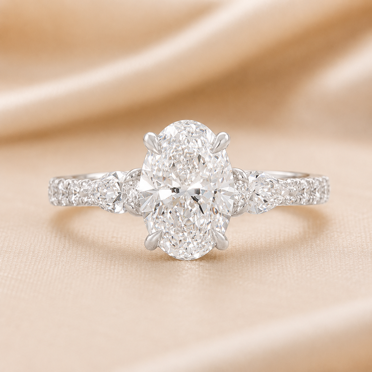 3.00 CT Oval Lab-Grown Diamond Three-Stone Engagement Ring in 14K White Gold – Pear Side Stone Pavé Trilogy Design