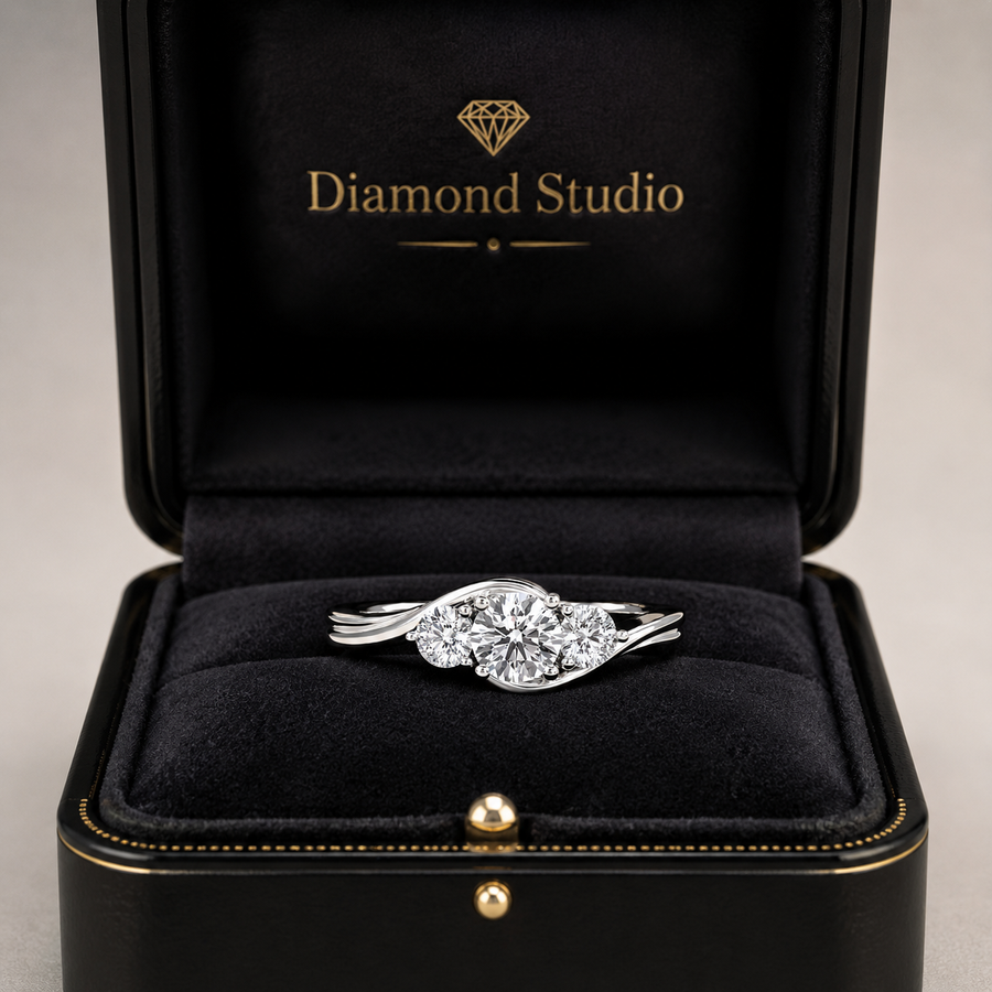 1.00 CT Round Cut Lab-Grown Diamond Three-Stone Engagement Ring in 14K White Gold – IGI Certified Bridal Design