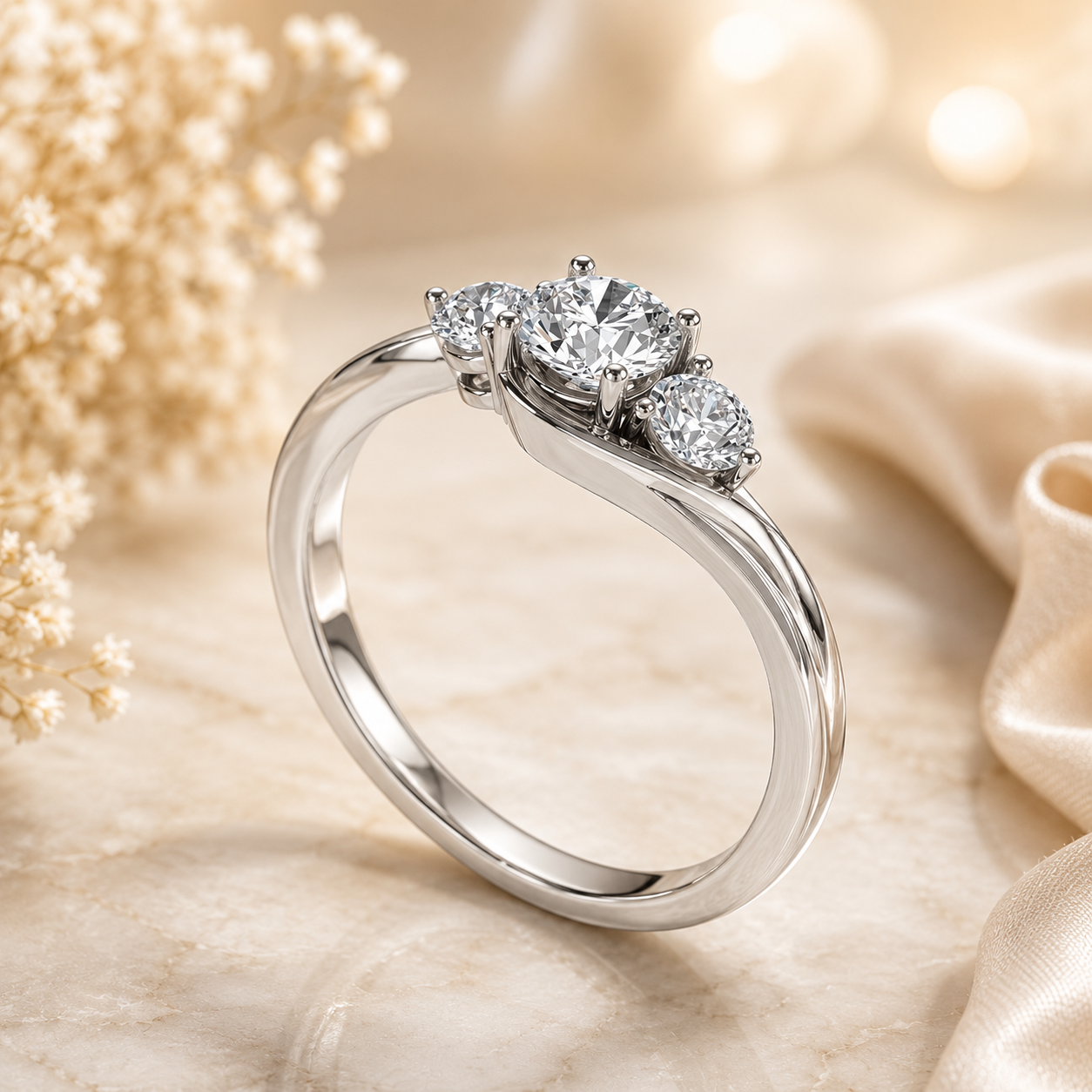 1.00 CT Round Cut Lab-Grown Diamond Three-Stone Engagement Ring in 14K White Gold – IGI Certified Bridal Design