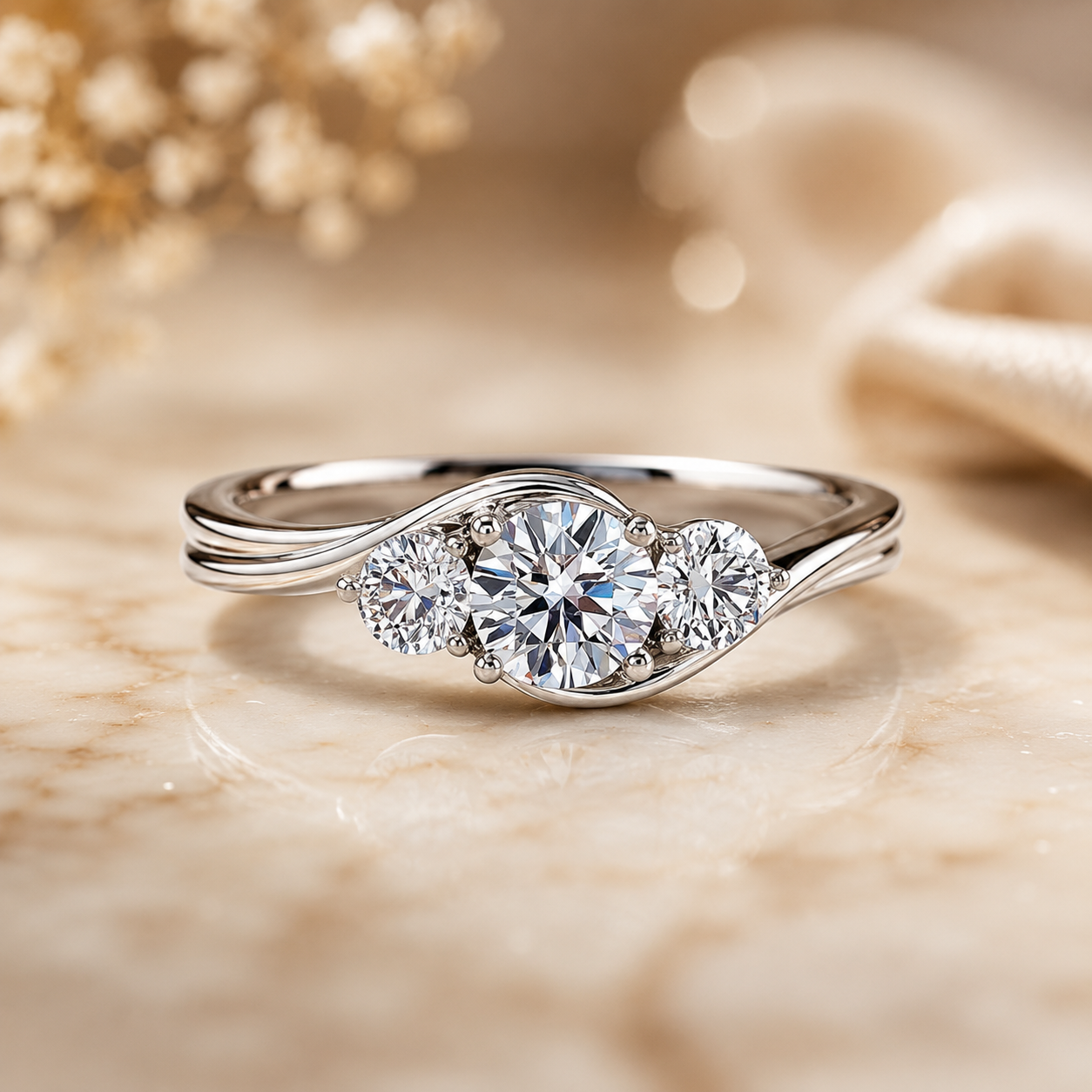 1.00 CT Round Cut Lab-Grown Diamond Three-Stone Engagement Ring in 14K White Gold – IGI Certified Bridal Design