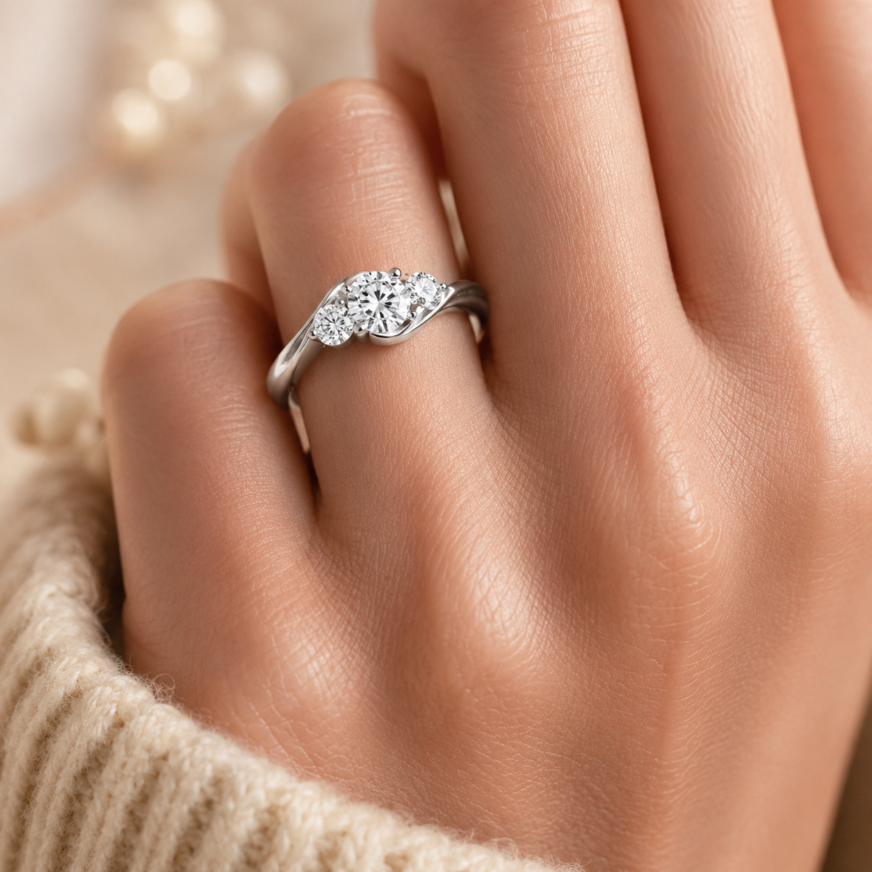 1.00 CT Round Cut Lab-Grown Diamond Three-Stone Engagement Ring in 14K White Gold – IGI Certified Bridal Design