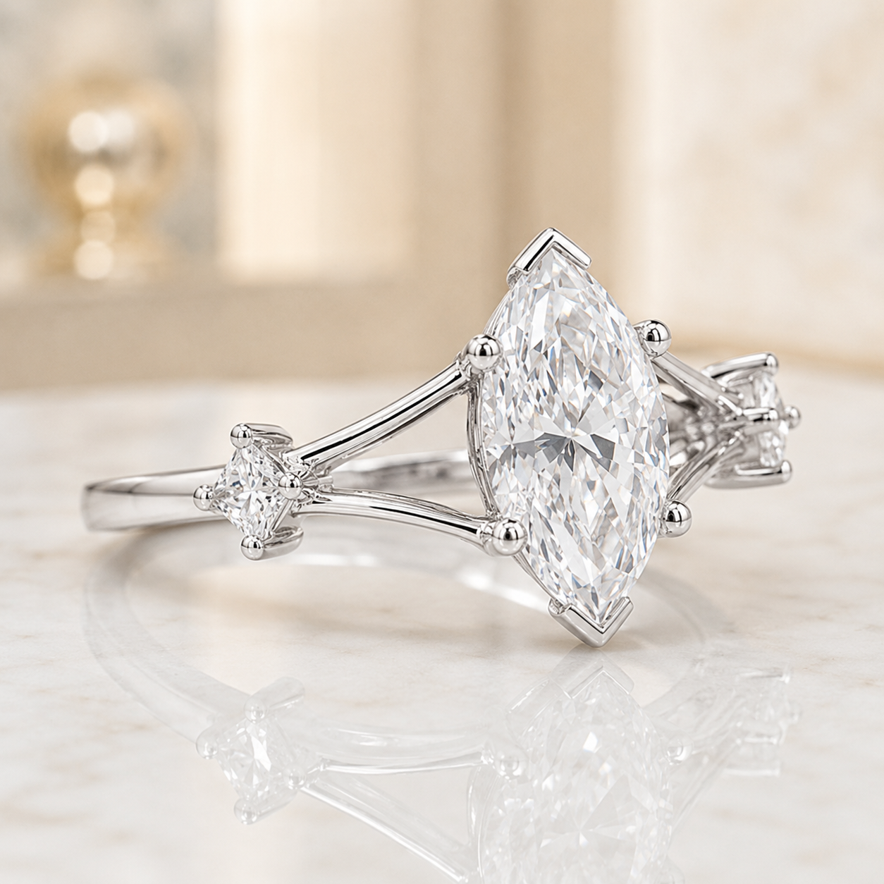 2.00 CT Marquise Cut Lab-Grown Diamond Three-Stone Engagement Ring in 14K White Gold – Trinity Wedding Design
