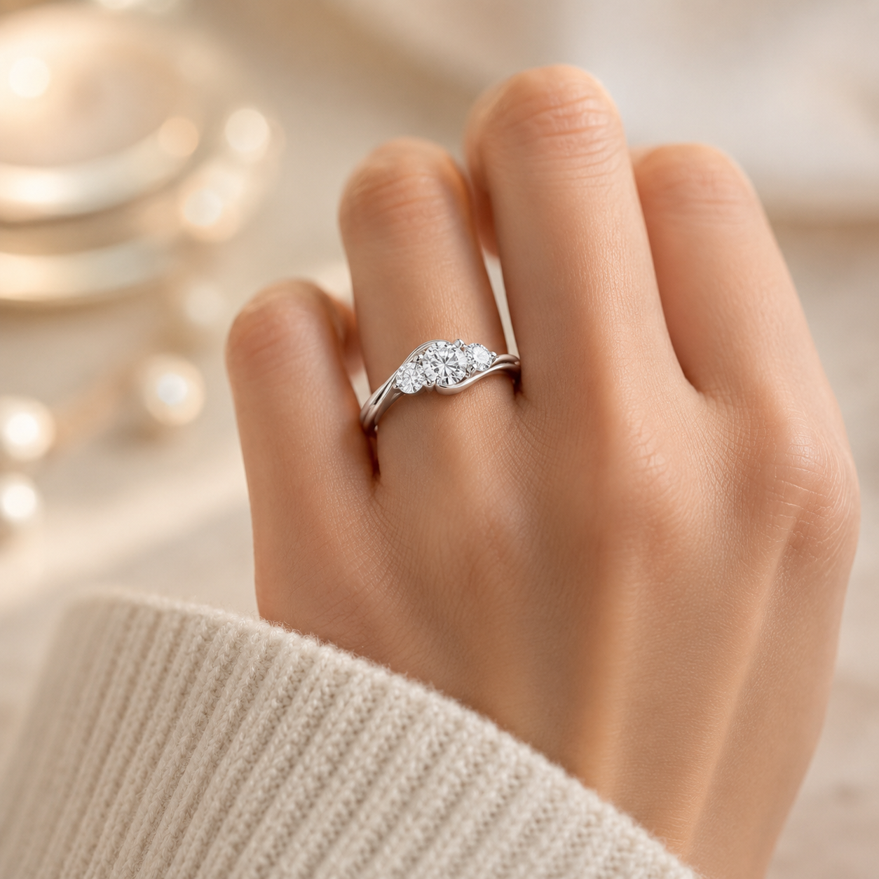 1.00 CT Round Cut Lab-Grown Diamond Three-Stone Engagement Ring in 14K White Gold – IGI Certified Bridal Design