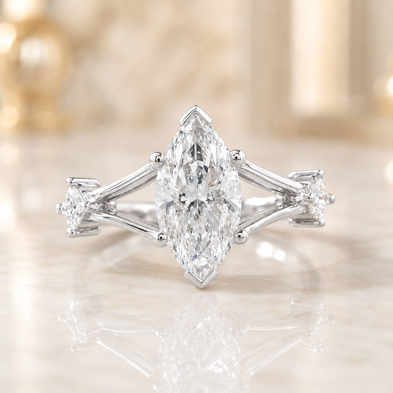 2.00 CT Marquise Cut Lab-Grown Diamond Three-Stone Engagement Ring in 14K White Gold – Trinity Wedding Design