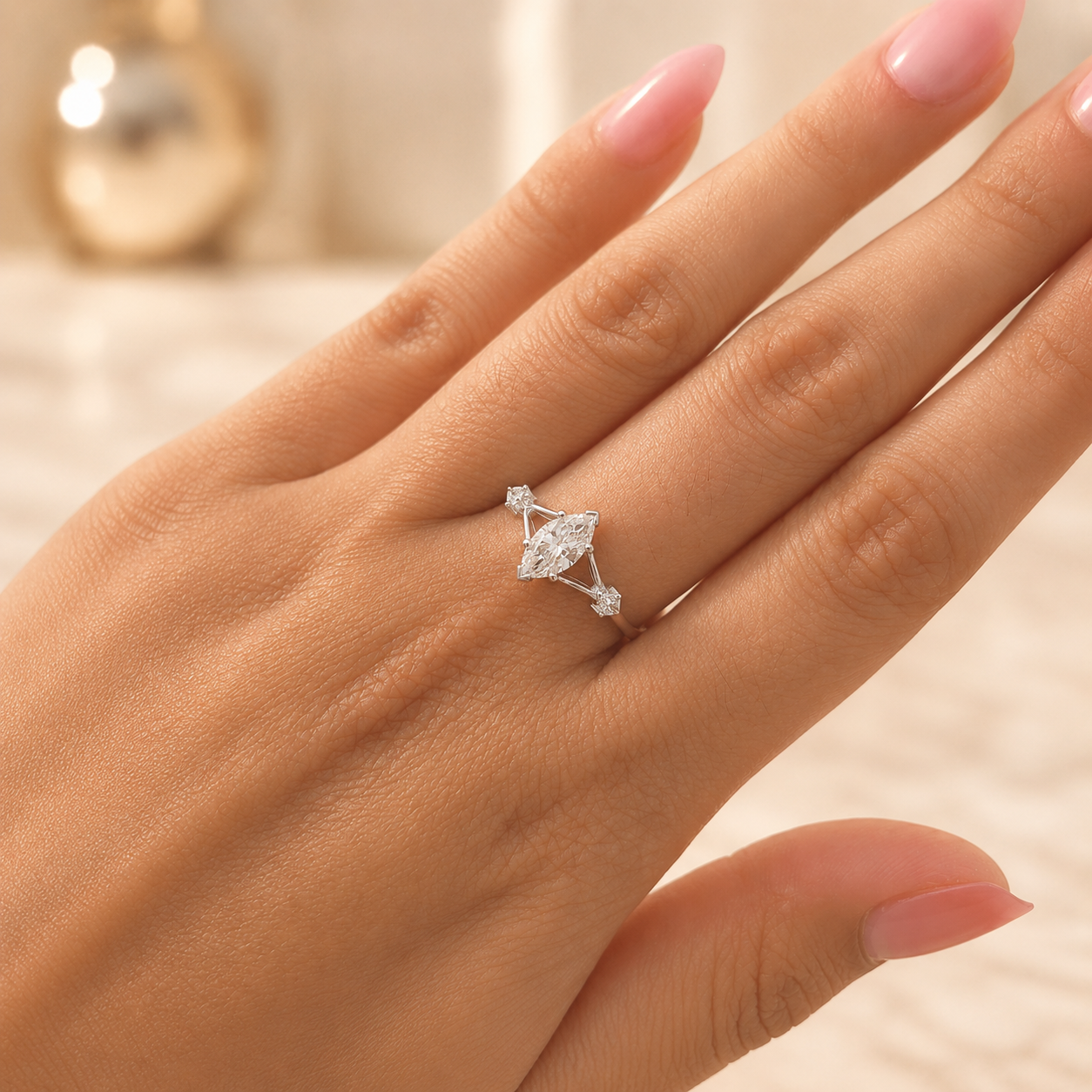 2.00 CT Marquise Cut Lab-Grown Diamond Three-Stone Engagement Ring in 14K White Gold – Trinity Wedding Design