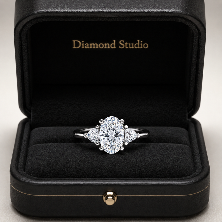 1.50 CT Oval Lab-Grown Diamond Three-Stone Engagement Ring in 14K White Gold – Trilogy Statement Design