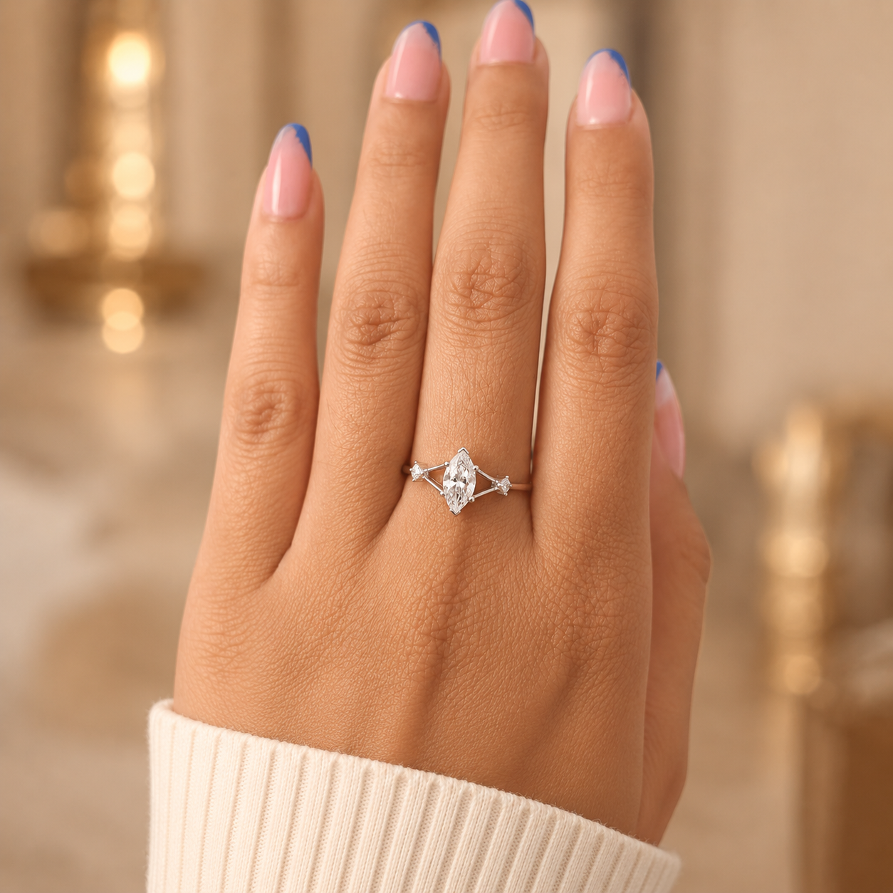 2.00 CT Marquise Cut Lab-Grown Diamond Three-Stone Engagement Ring in 14K White Gold – Trinity Wedding Design
