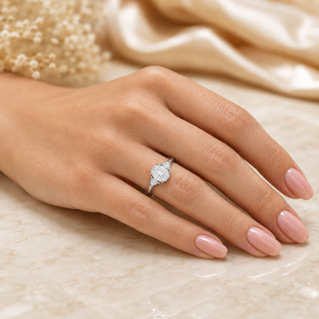 1.50 CT Oval Lab-Grown Diamond Three-Stone Engagement Ring in 14K White Gold – Trilogy Statement Design