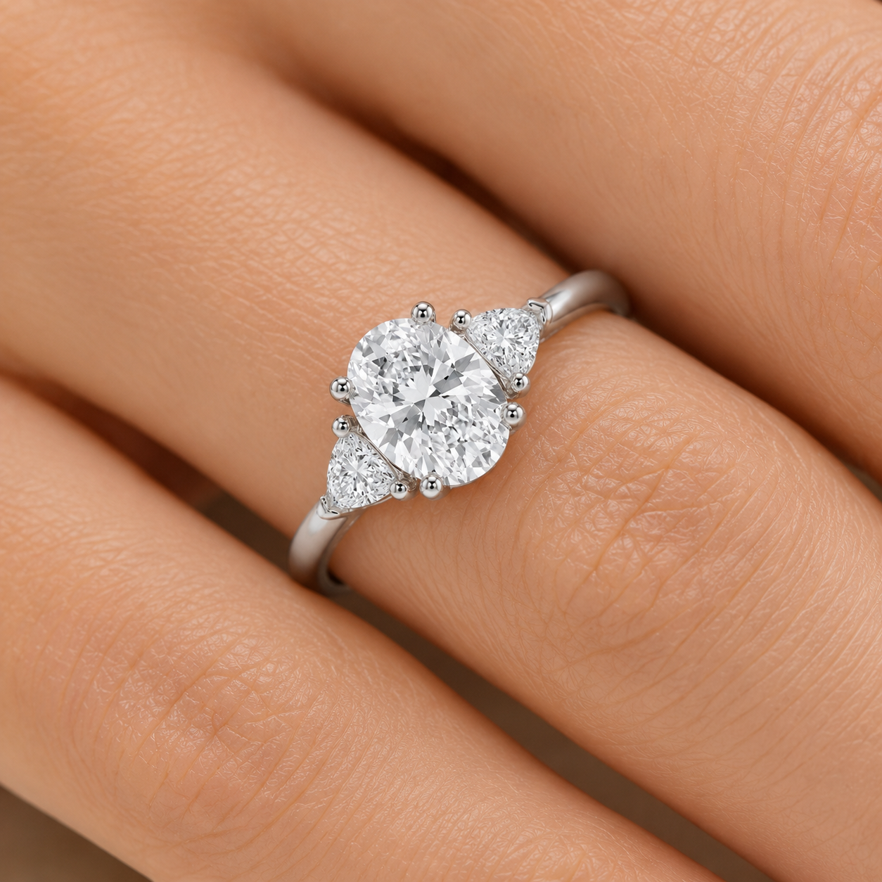 1.50 CT Oval Lab-Grown Diamond Three-Stone Engagement Ring in 14K White Gold – Trilogy Statement Design